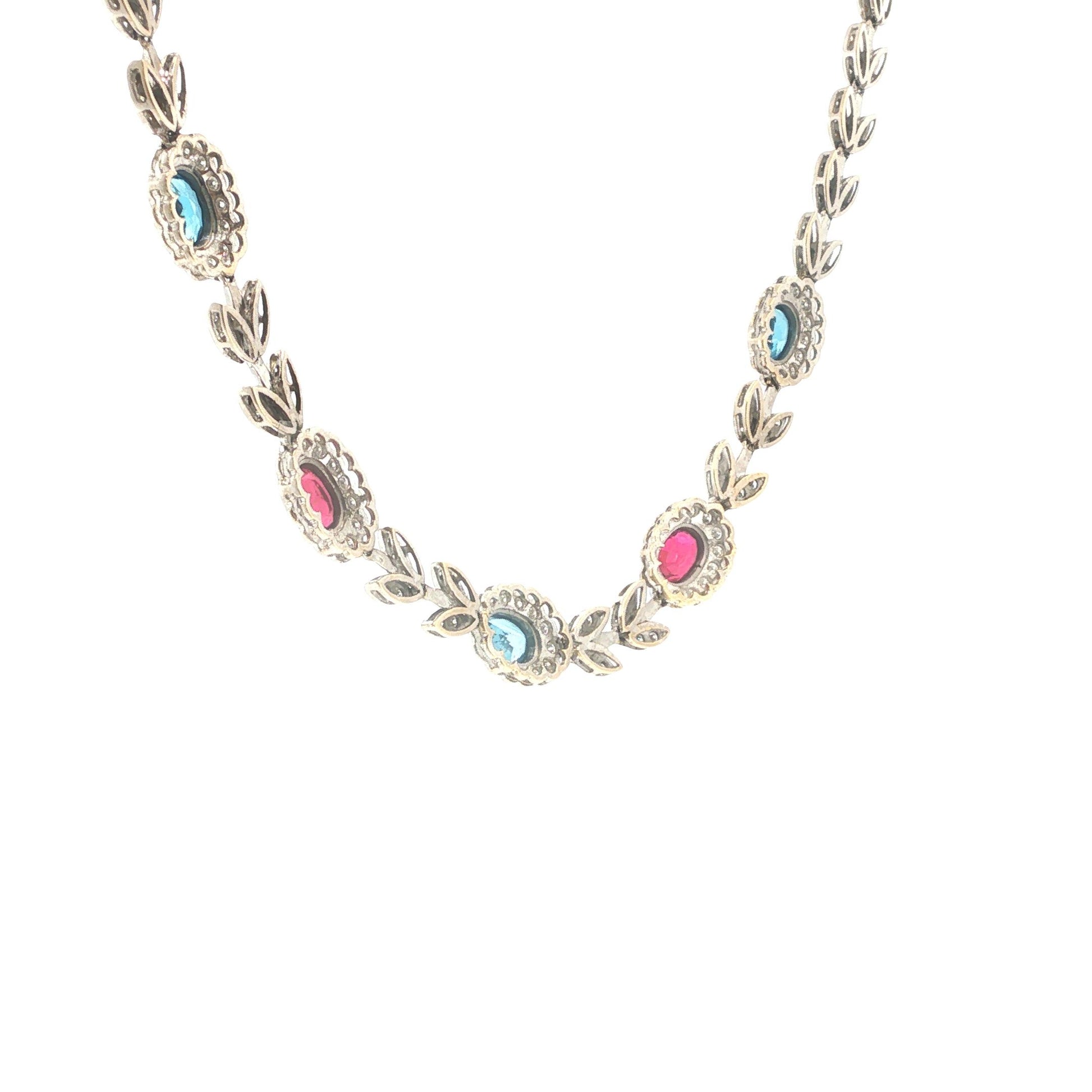 Italian 18K White Gold Diamond, Multi Gemstone Foliate Necklace
