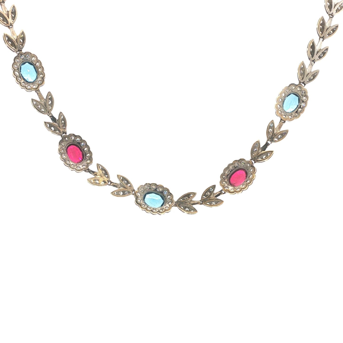 Italian 18K White Gold Diamond, Multi Gemstone Foliate Necklace