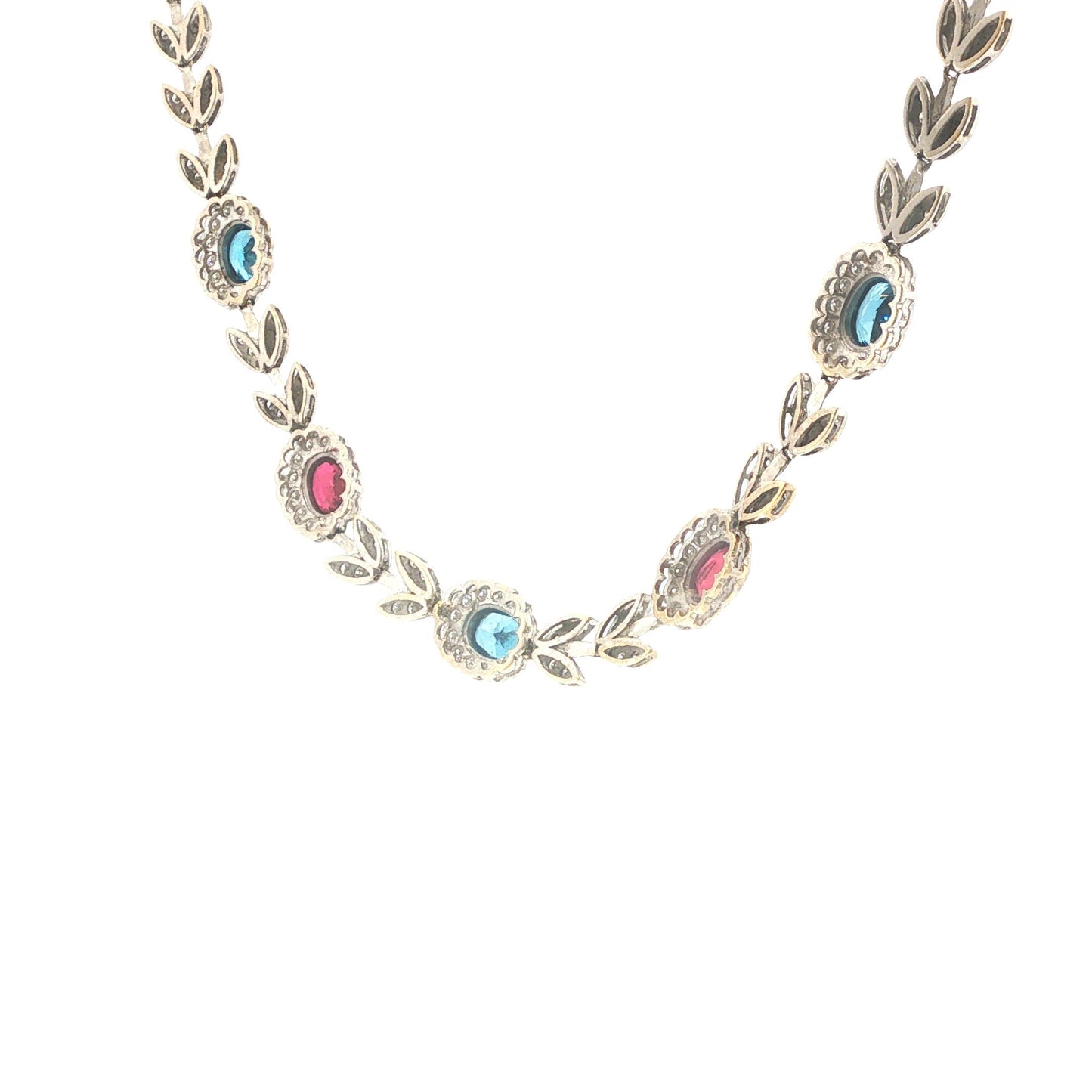 Italian 18K White Gold Diamond, Multi Gemstone Foliate Necklace