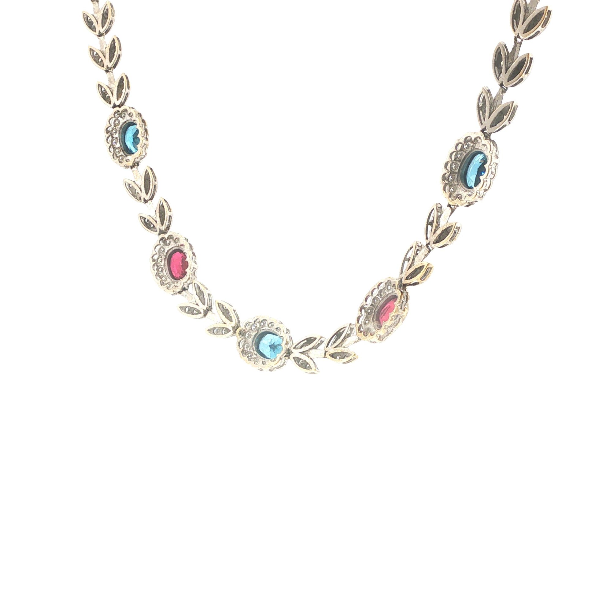 Italian 18K White Gold Diamond, Multi Gemstone Foliate Necklace