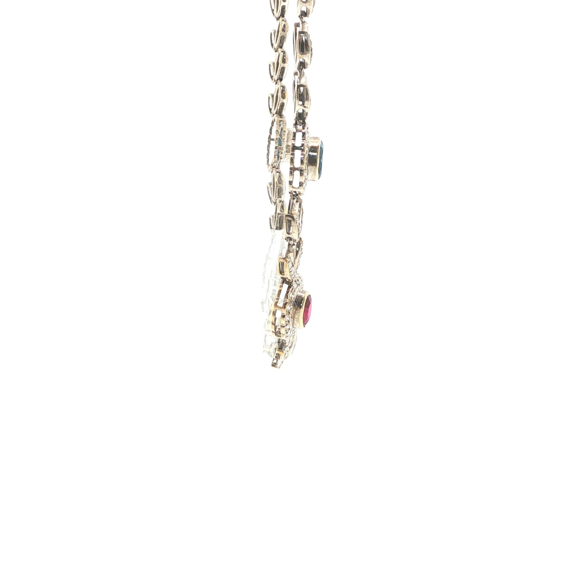 Italian 18K White Gold Diamond, Multi Gemstone Foliate Necklace