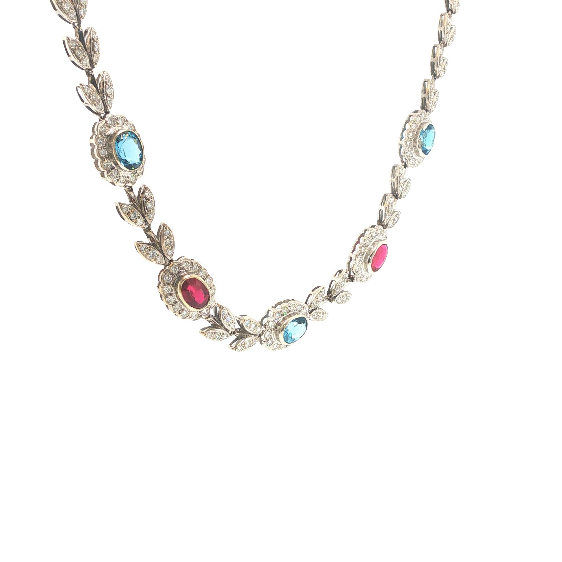 Italian 18K White Gold Diamond, Multi Gemstone Foliate Necklace