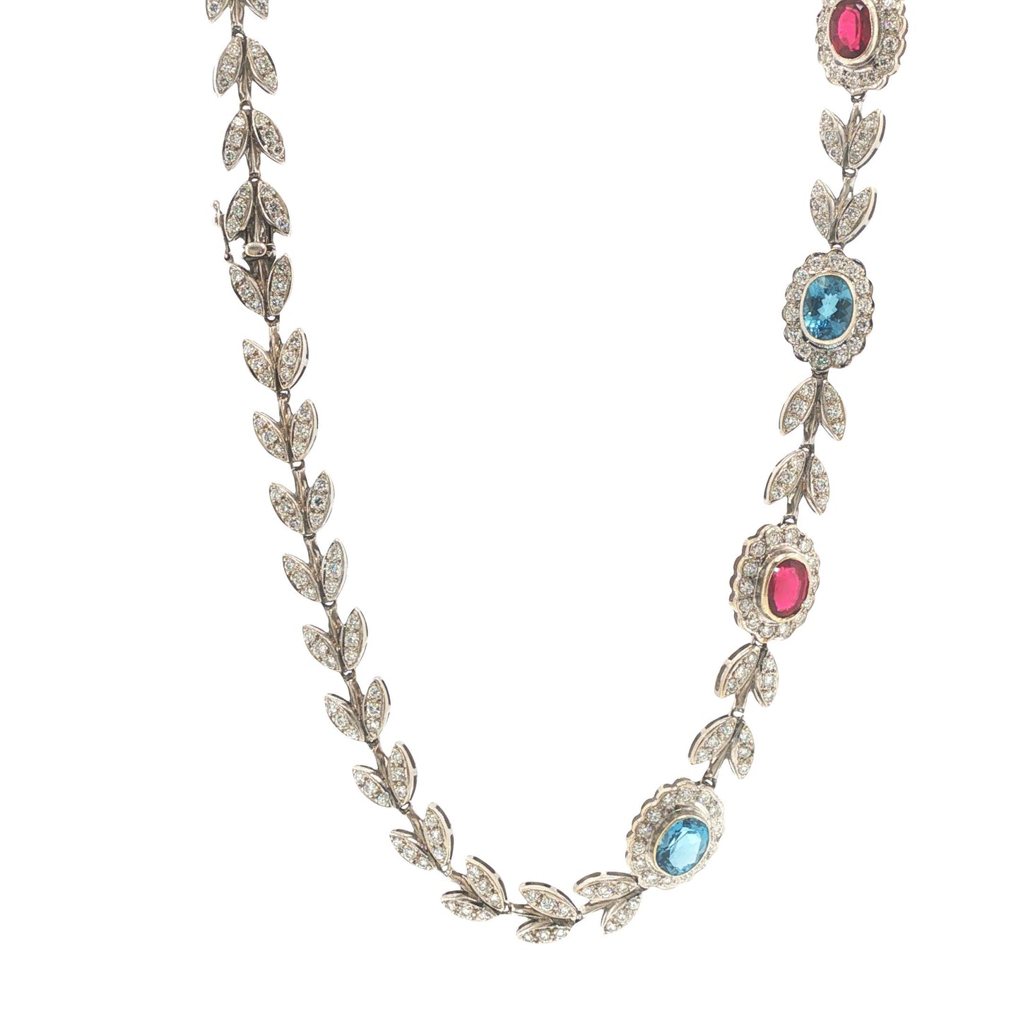 Italian 18K White Gold Diamond, Multi Gemstone Foliate Necklace