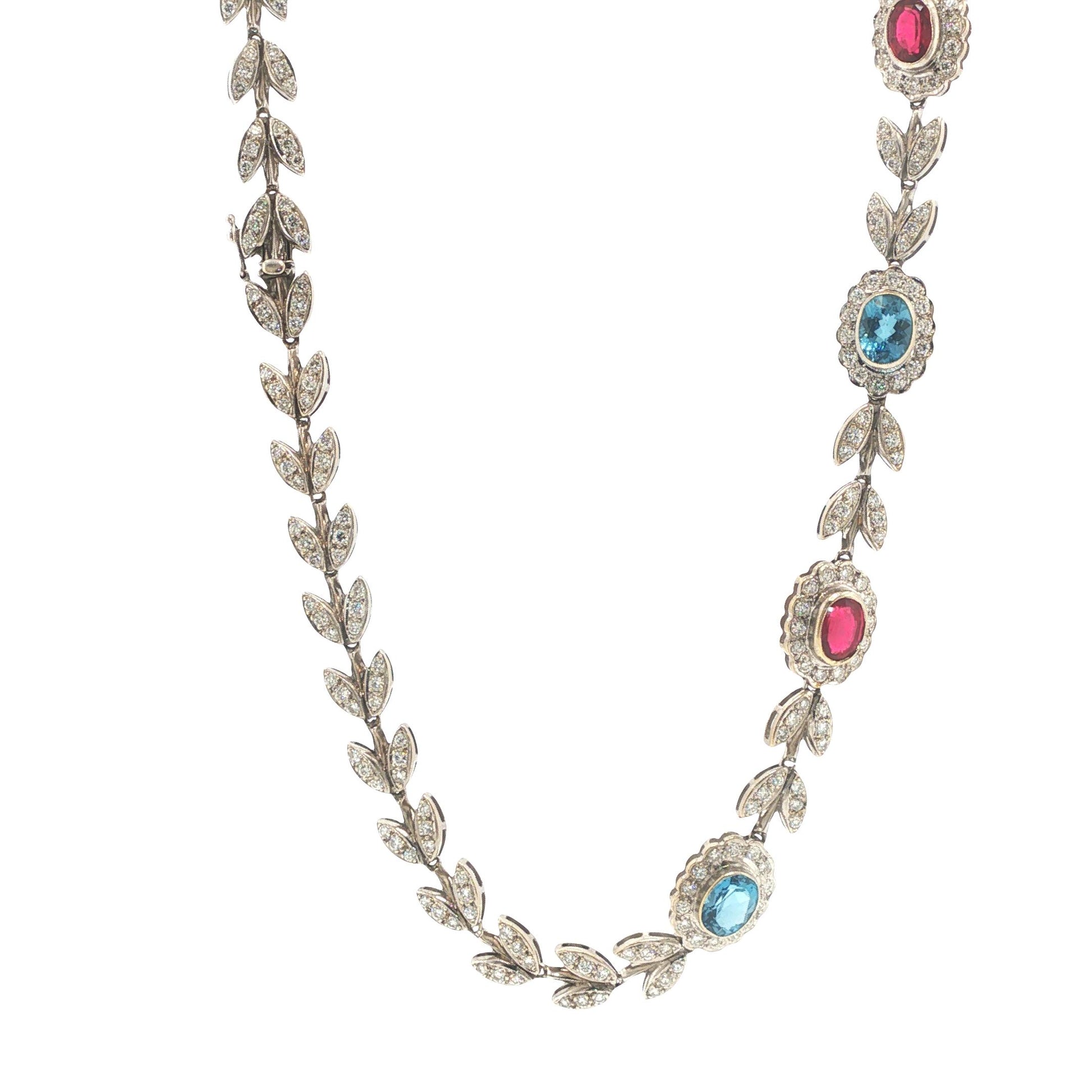 Italian 18K White Gold Diamond, Multi Gemstone Foliate Necklace