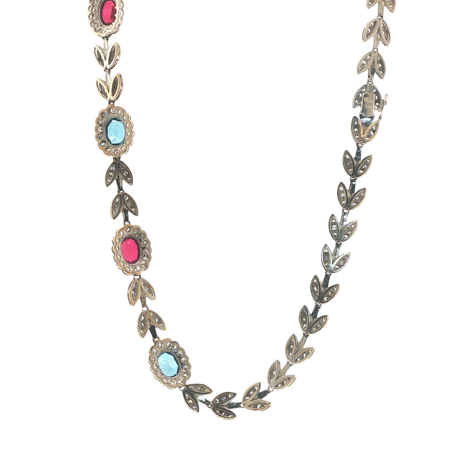 Italian 18K White Gold Diamond, Multi Gemstone Foliate Necklace