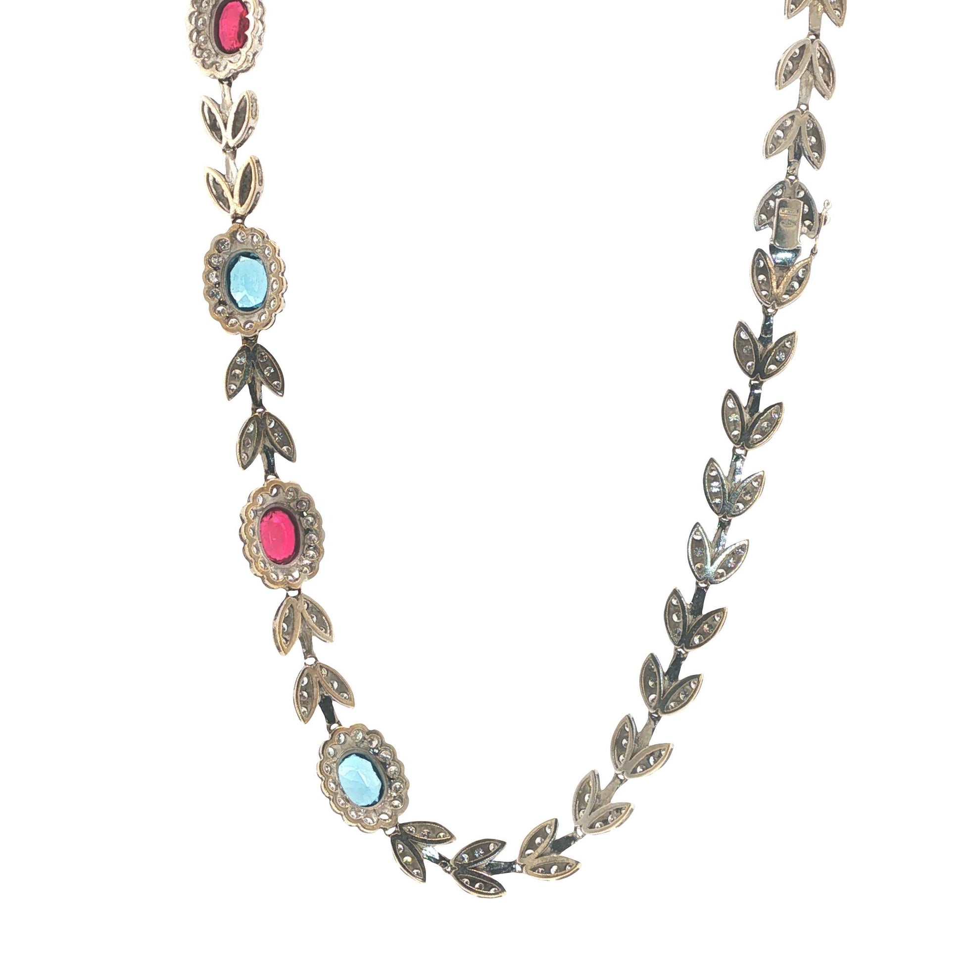 Italian 18K White Gold Diamond, Multi Gemstone Foliate Necklace