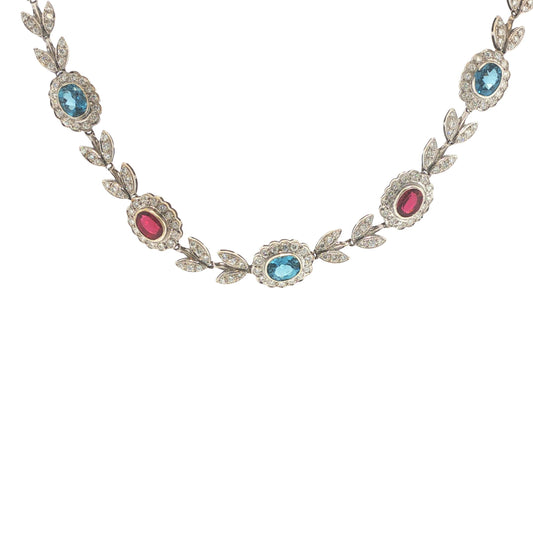 Italian 18K White Gold Diamond, Multi Gemstone Foliate Necklace
