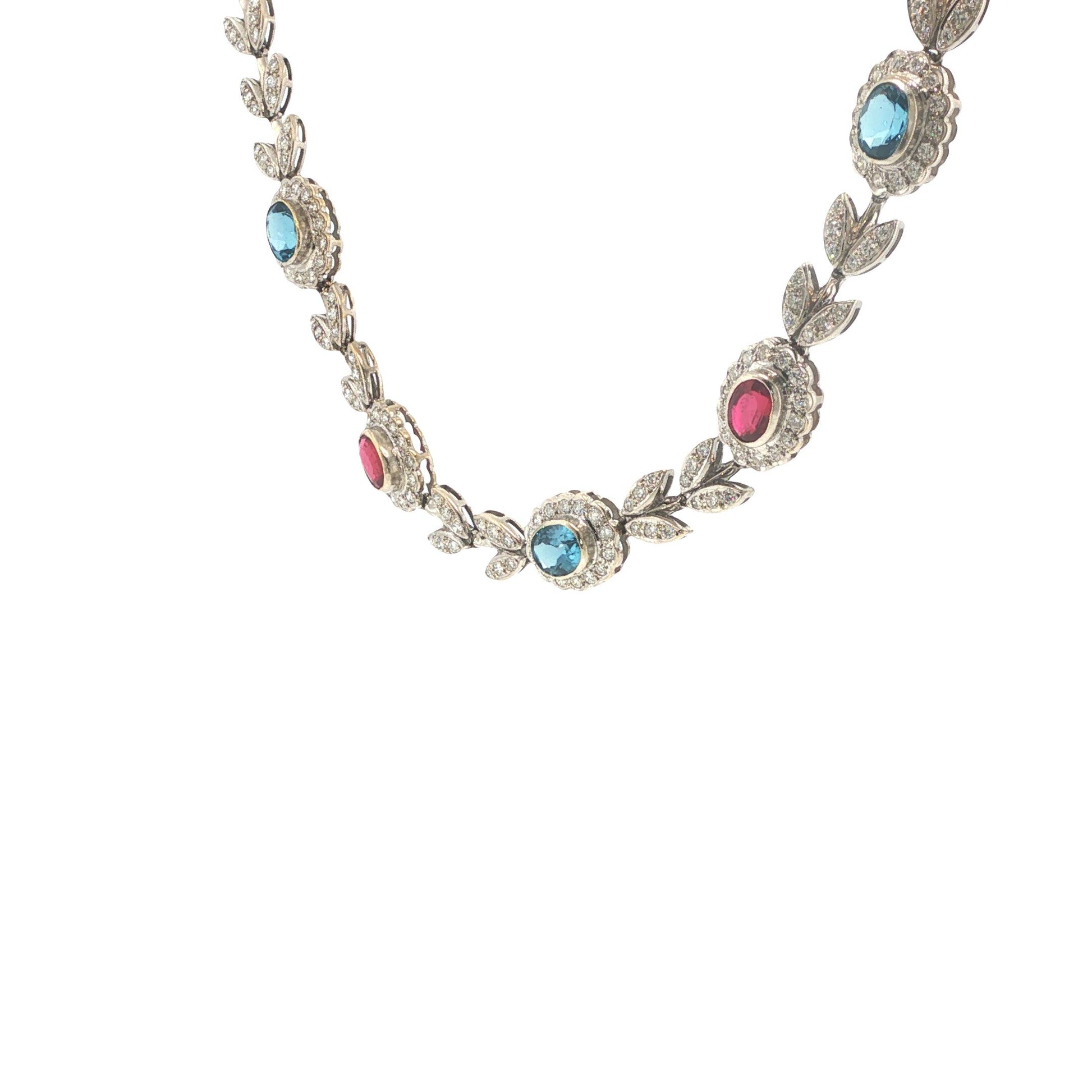 Italian 18K White Gold Diamond, Multi Gemstone Foliate Necklace