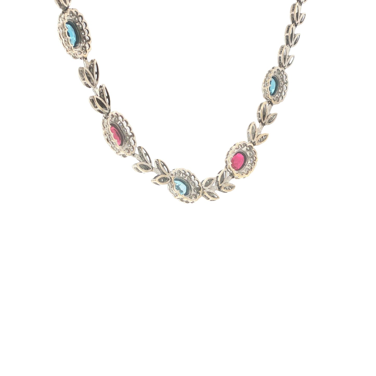 Italian 18K White Gold Diamond, Multi Gemstone Foliate Necklace