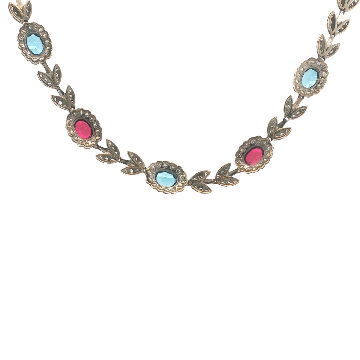 Italian 18K White Gold Diamond, Multi Gemstone Foliate Necklace