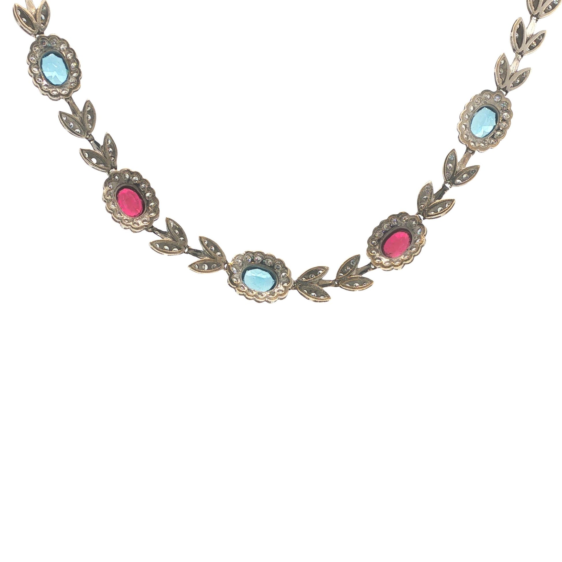 Italian 18K White Gold Diamond, Multi Gemstone Foliate Necklace