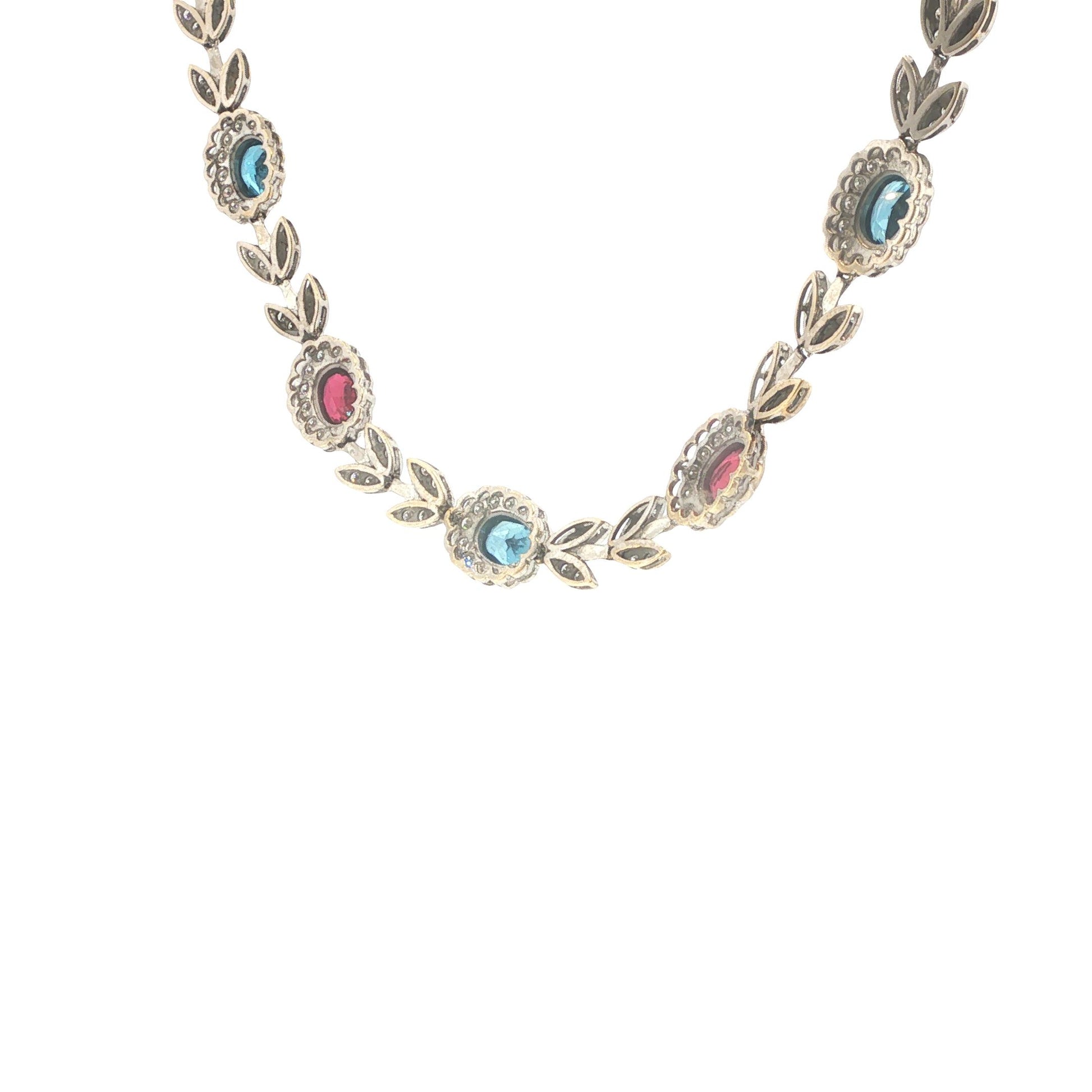 Italian 18K White Gold Diamond, Multi Gemstone Foliate Necklace