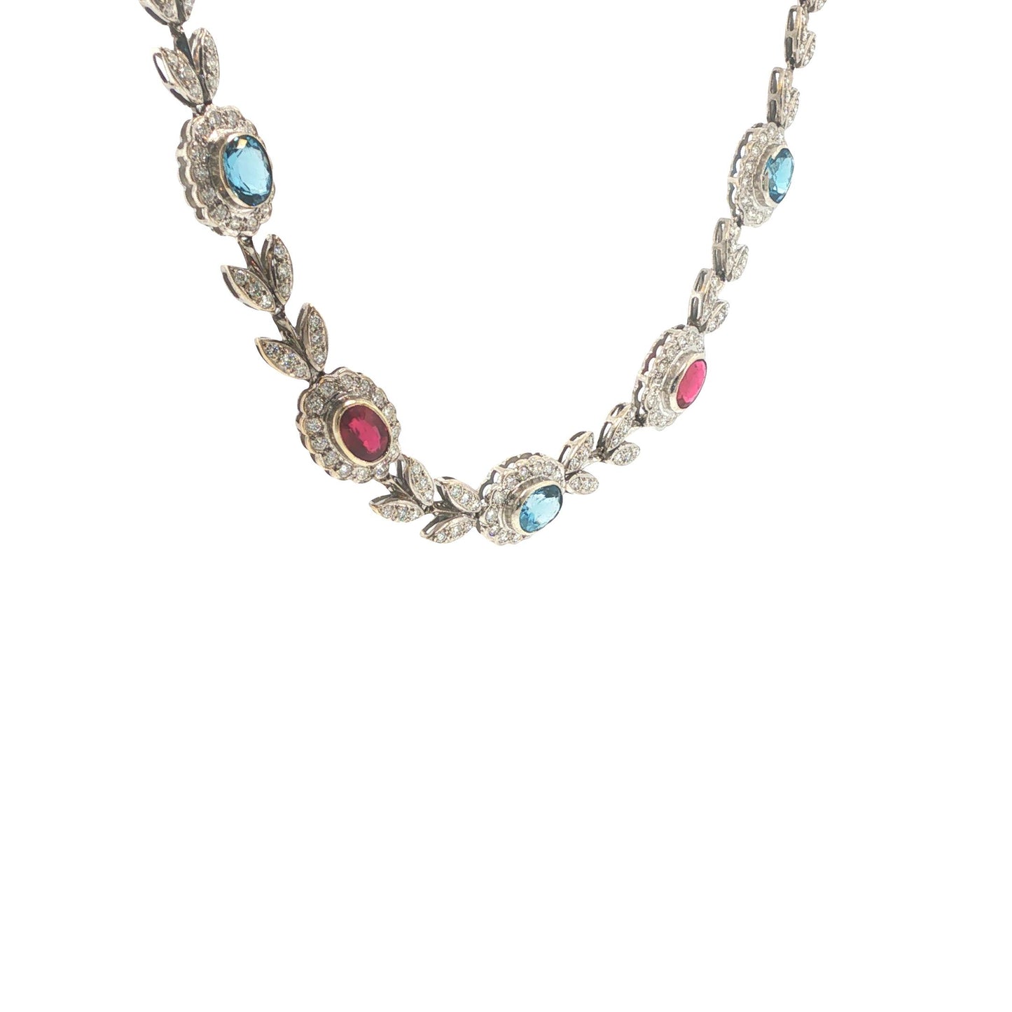 Italian 18K White Gold Diamond, Multi Gemstone Foliate Necklace