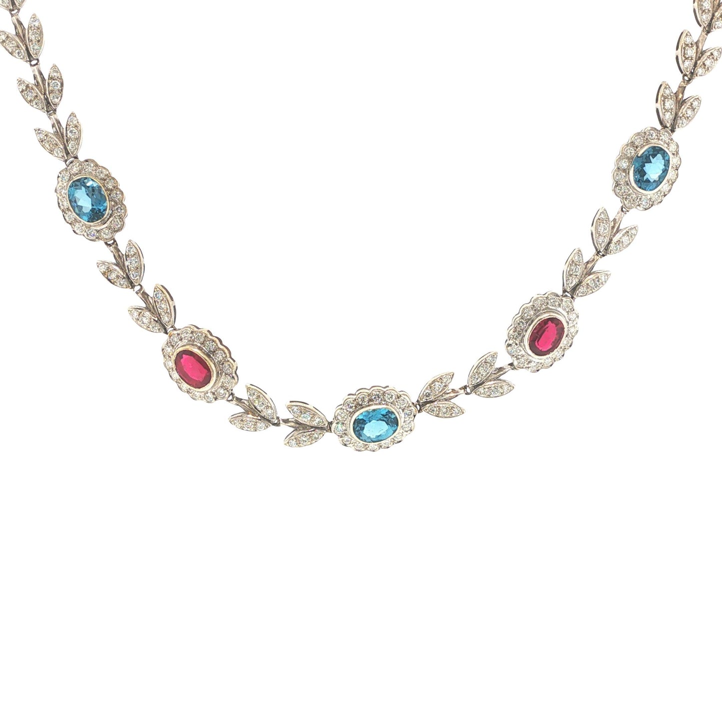 Italian 18K White Gold Diamond, Multi Gemstone Foliate Necklace