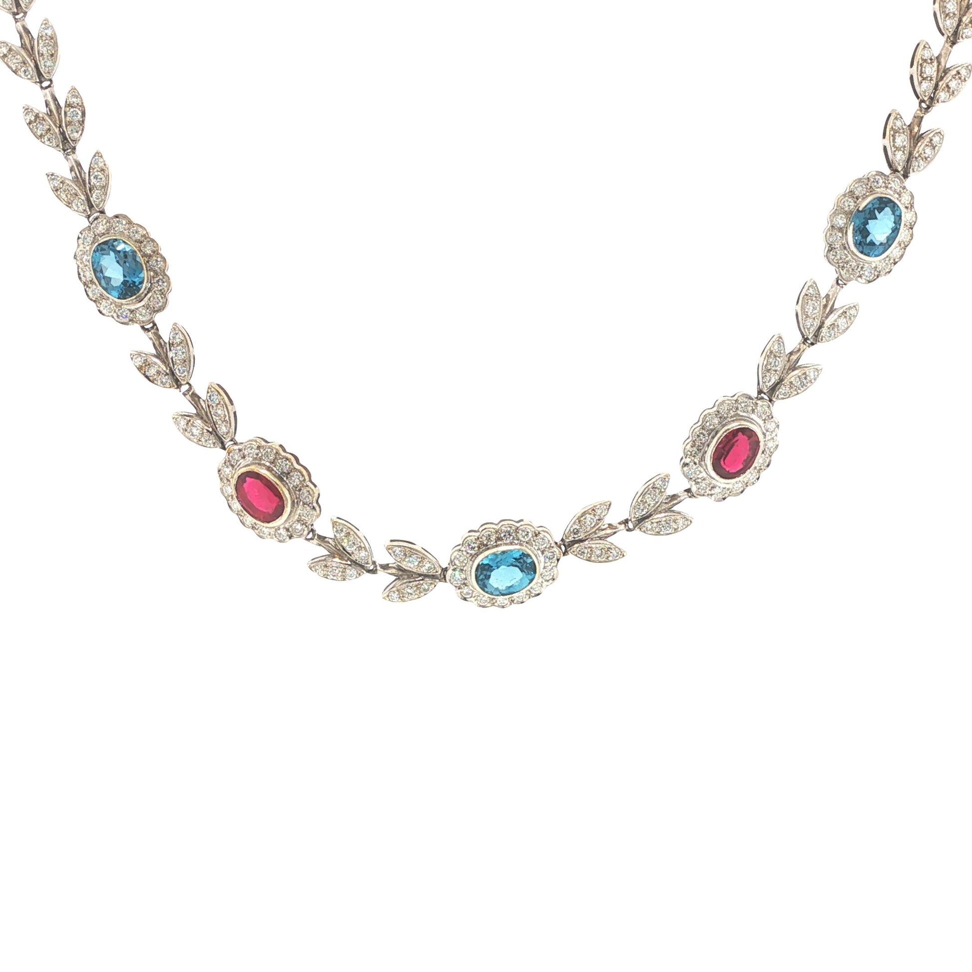 Italian 18K White Gold Diamond, Multi Gemstone Foliate Necklace