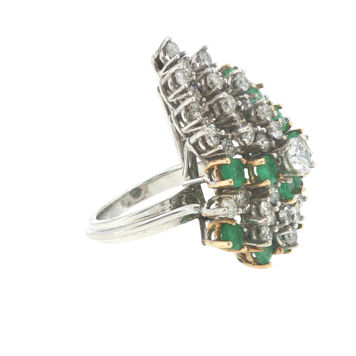 18K White Gold Emerald & Diamond Cluster Cocktail Ring
