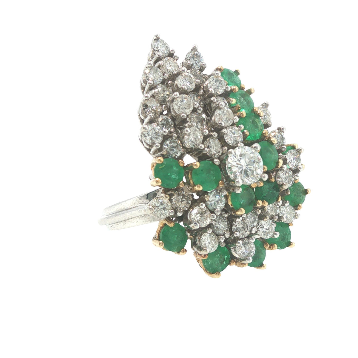 18K White Gold Emerald & Diamond Cluster Cocktail Ring