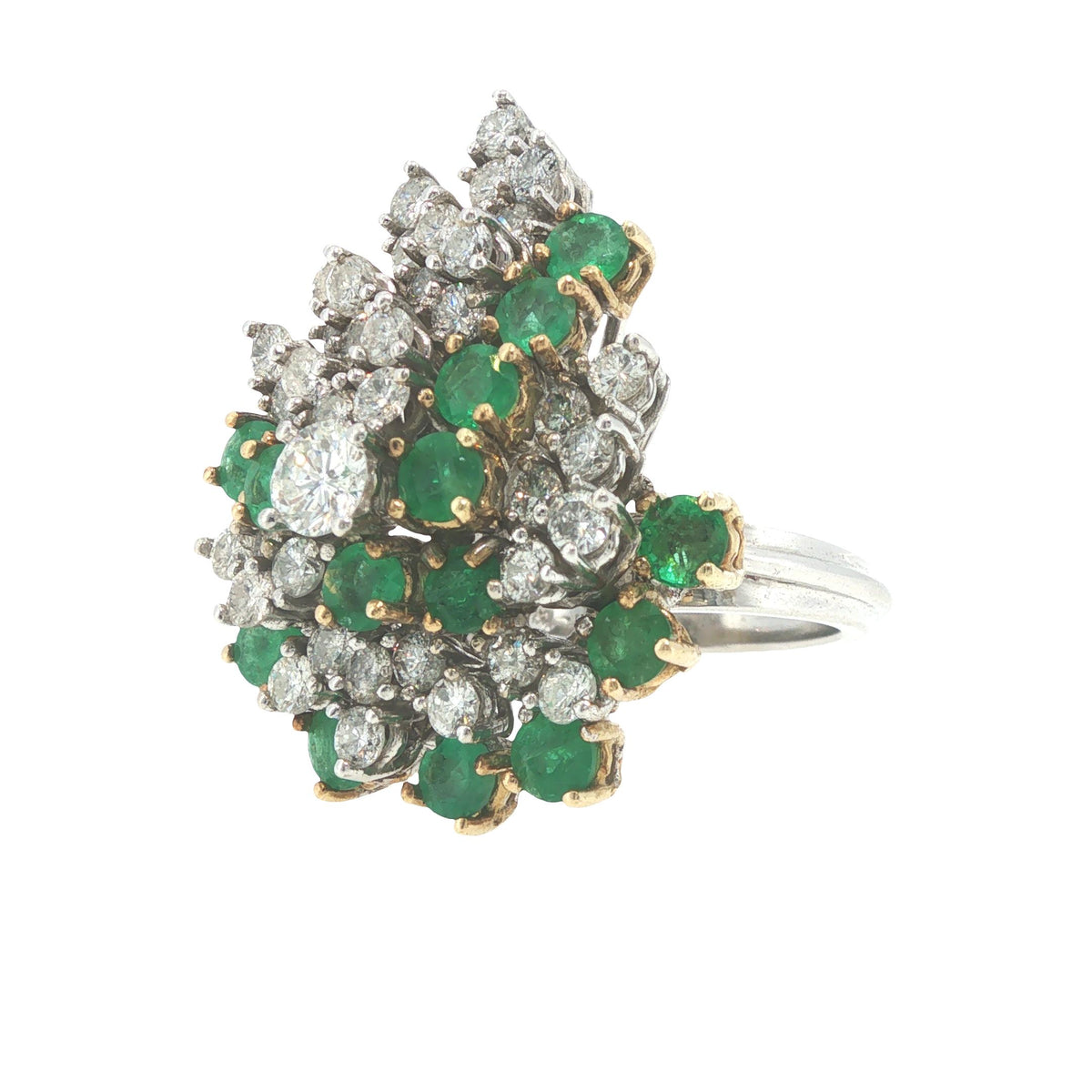 18K White Gold Emerald & Diamond Cluster Cocktail Ring