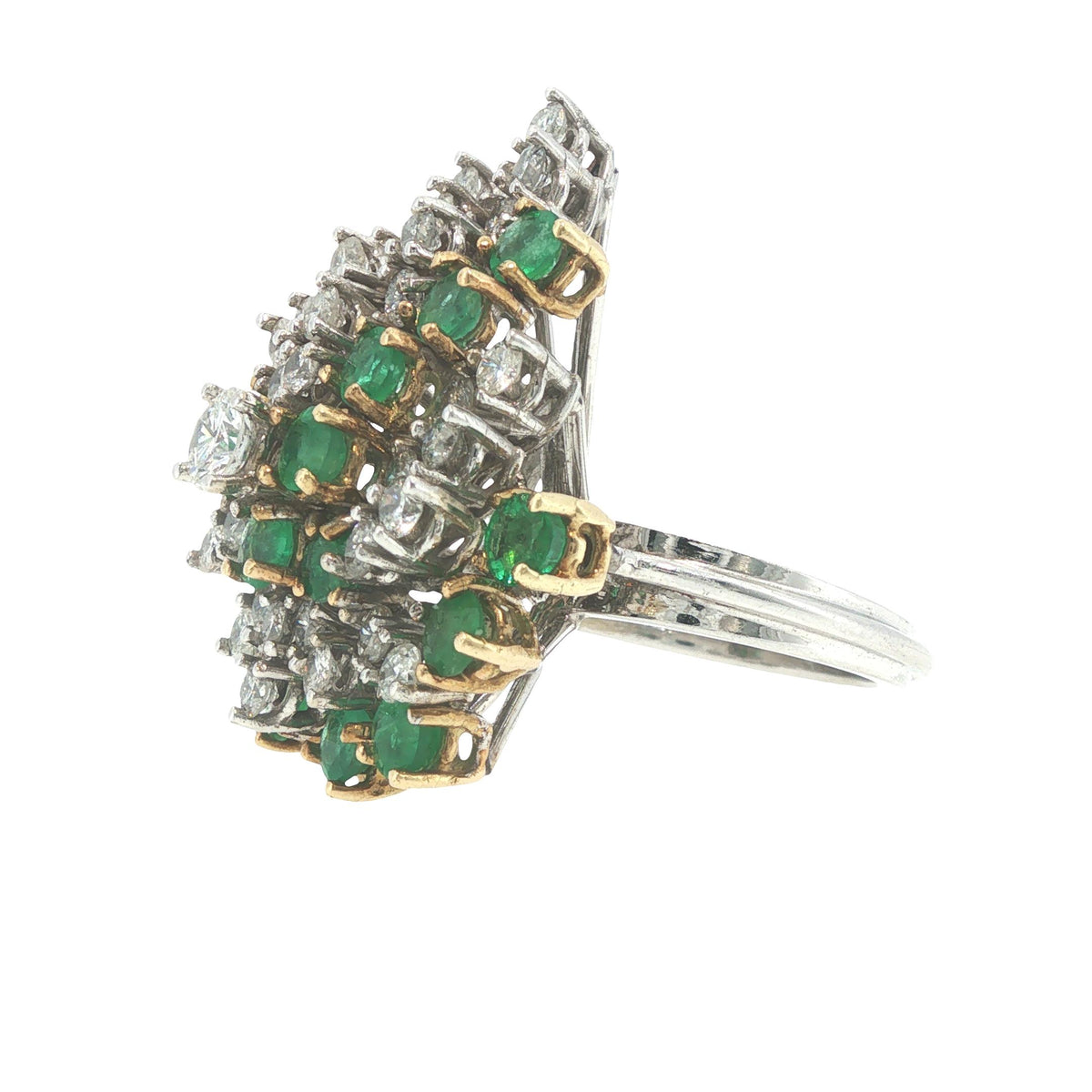 18K White Gold Emerald & Diamond Cluster Cocktail Ring