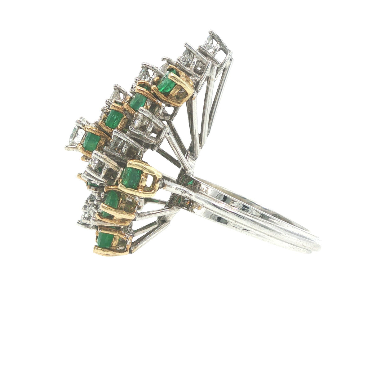 18K White Gold Emerald & Diamond Cluster Cocktail Ring