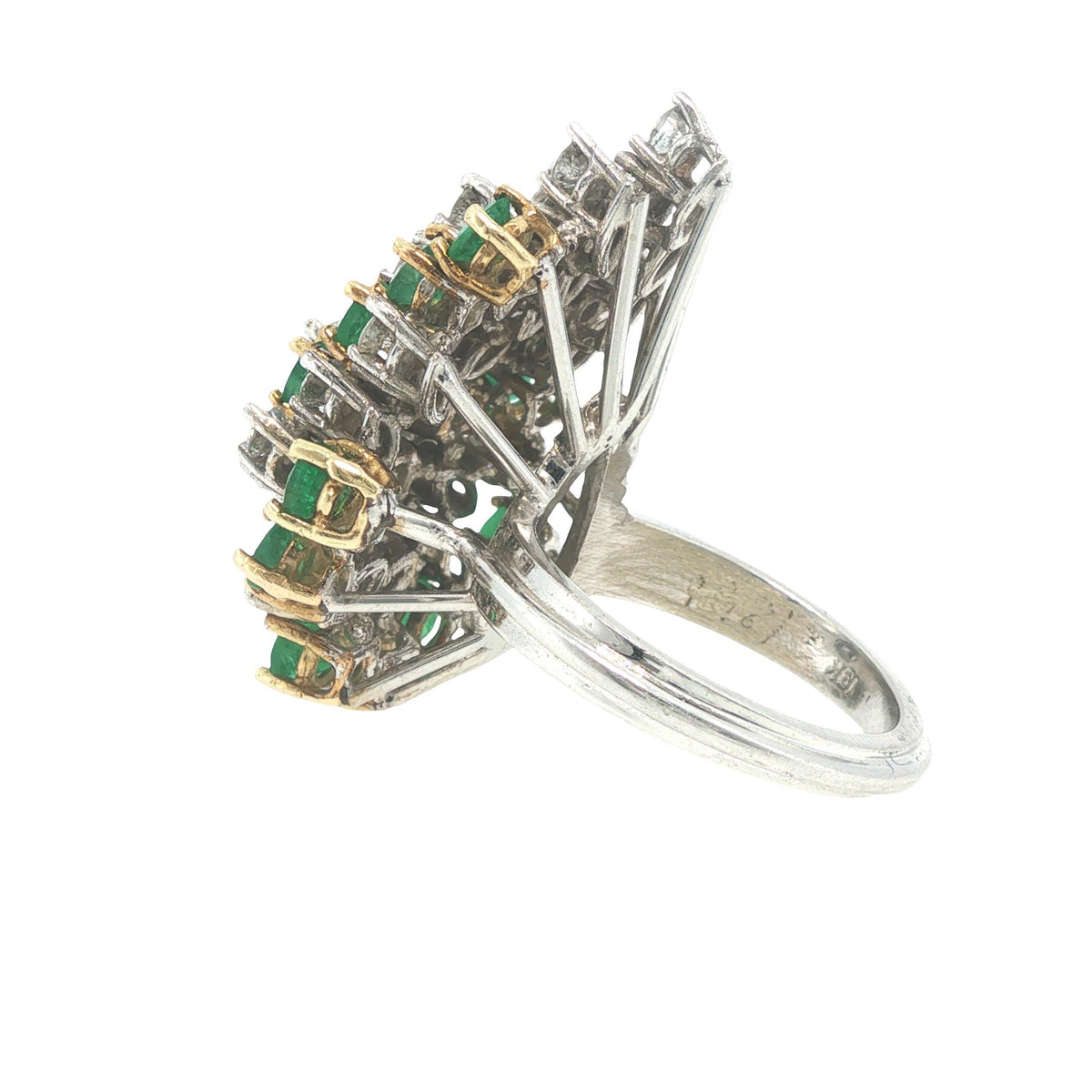 18K White Gold Emerald & Diamond Cluster Cocktail Ring