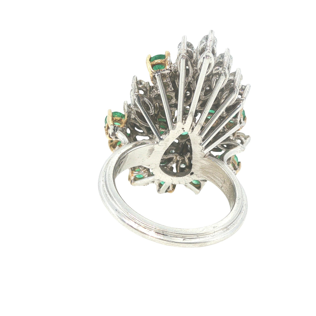 18K White Gold Emerald & Diamond Cluster Cocktail Ring