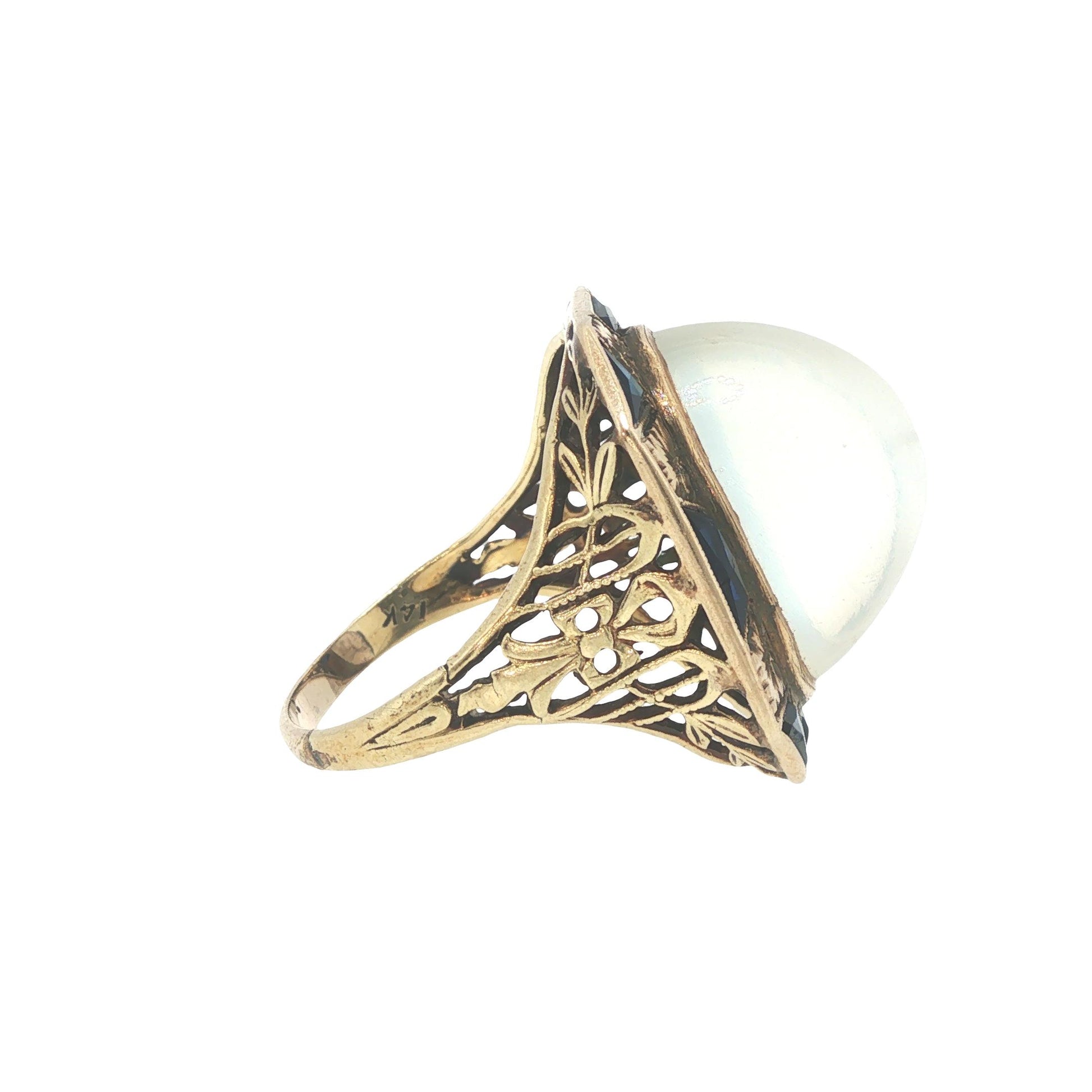Art Deco 14k Gold Moonstone Cabochon Sapphire Ring