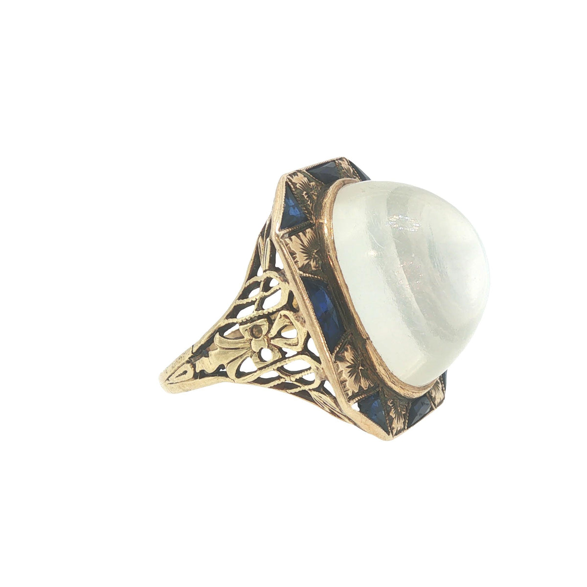Art Deco 14k Gold Moonstone Cabochon Sapphire Ring