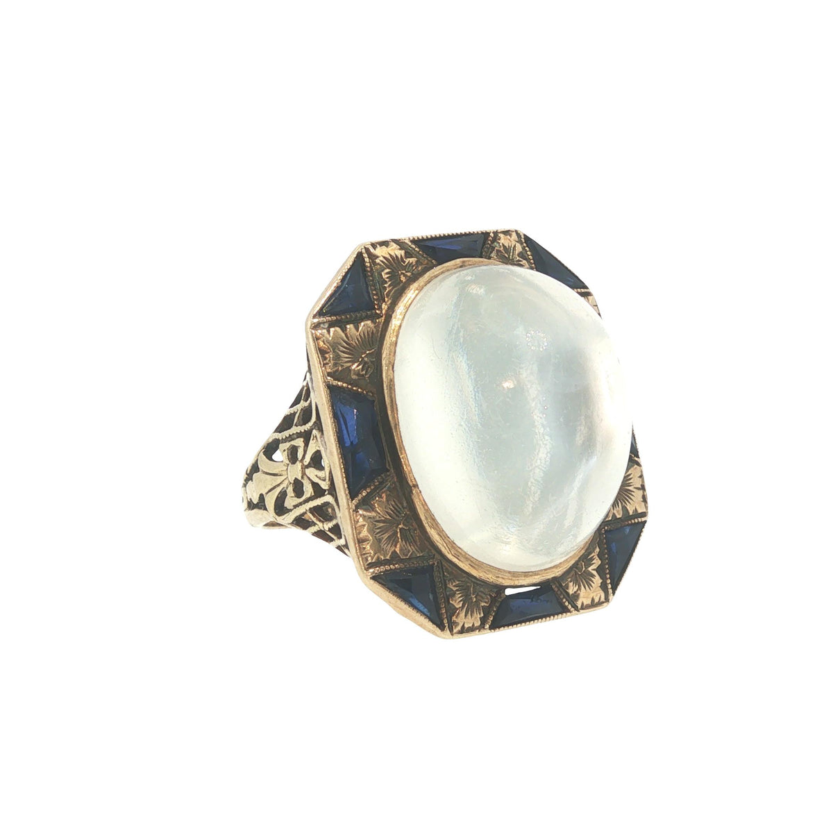 Art Deco 14k Gold Moonstone Cabochon Sapphire Ring