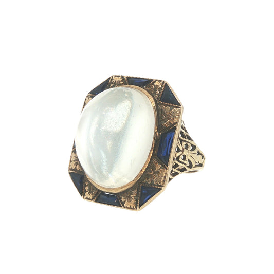 Art Deco 14k Gold Moonstone Cabochon Sapphire Ring