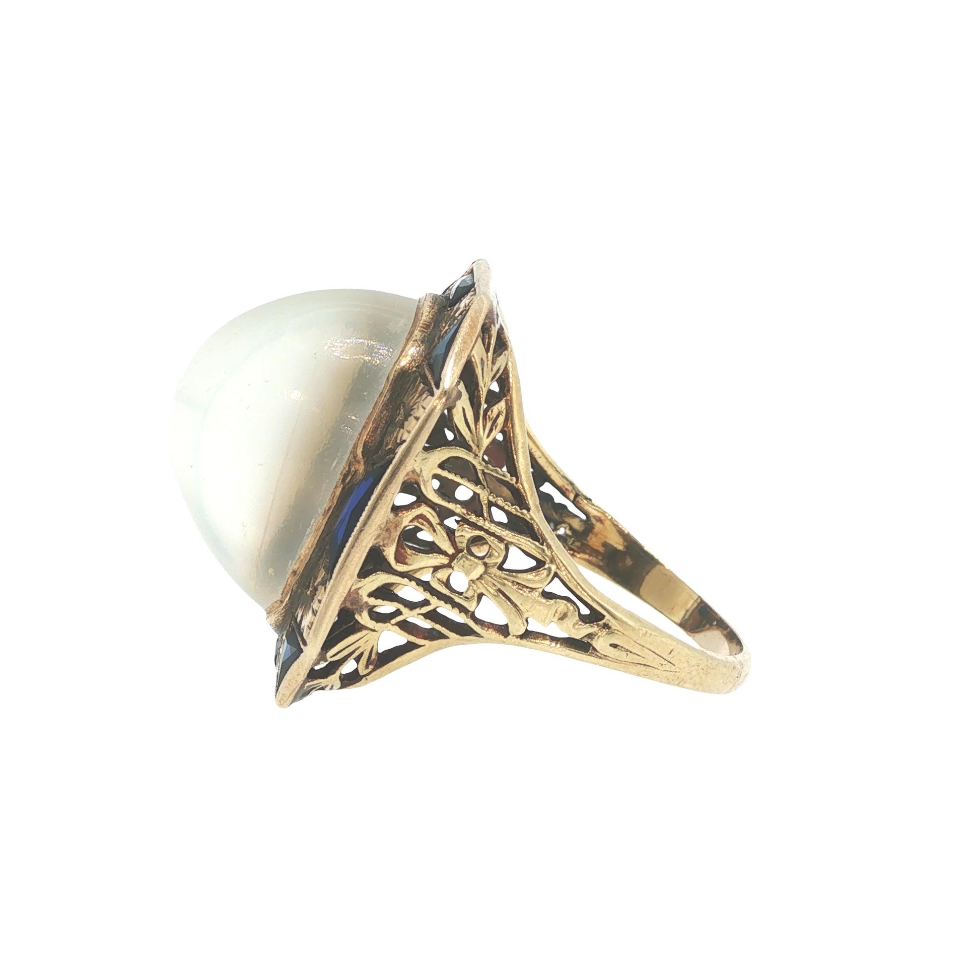 Art Deco 14k Gold Moonstone Cabochon Sapphire Ring