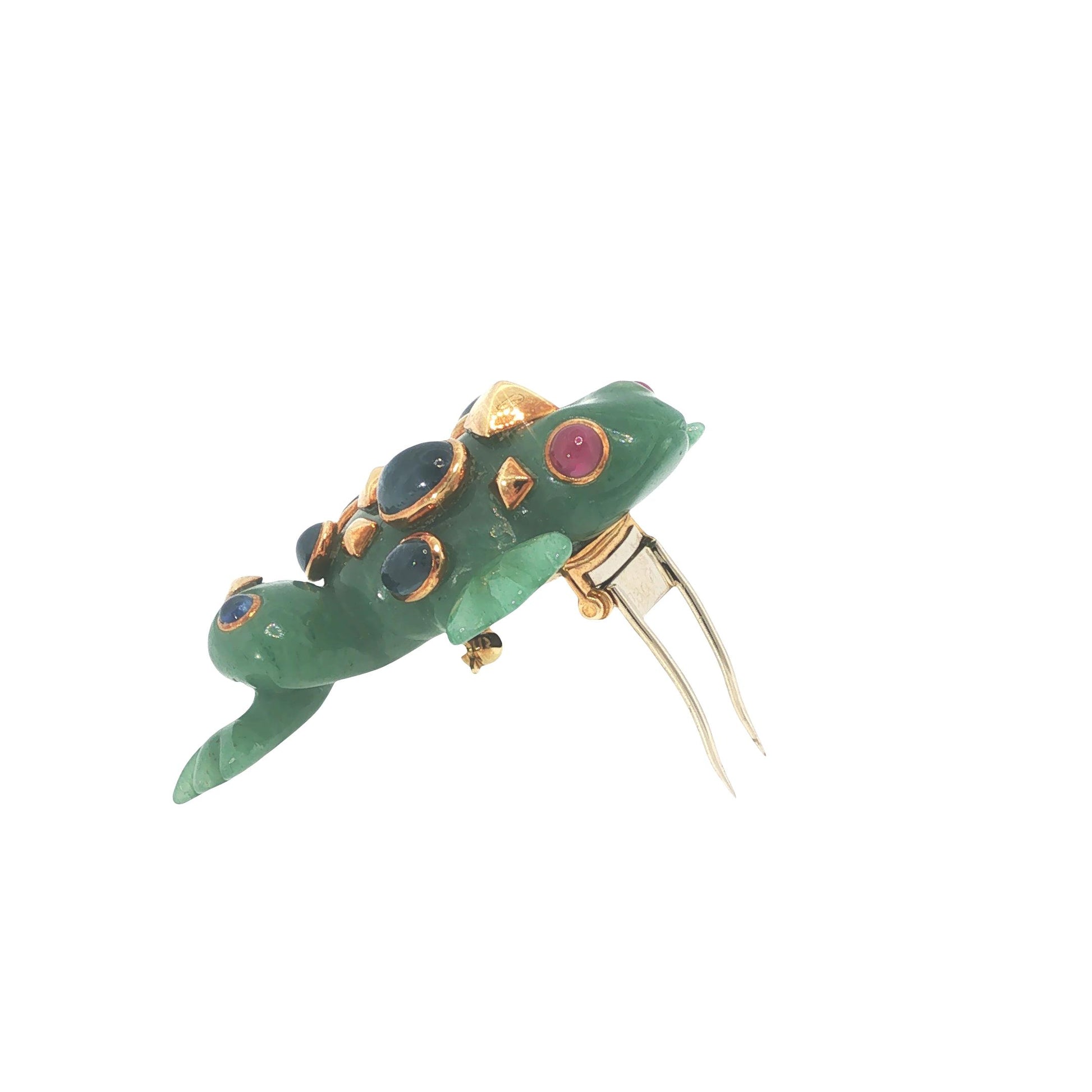 Seaman Schepps 18K Jade Sapphire & Ruby Frog Brooch