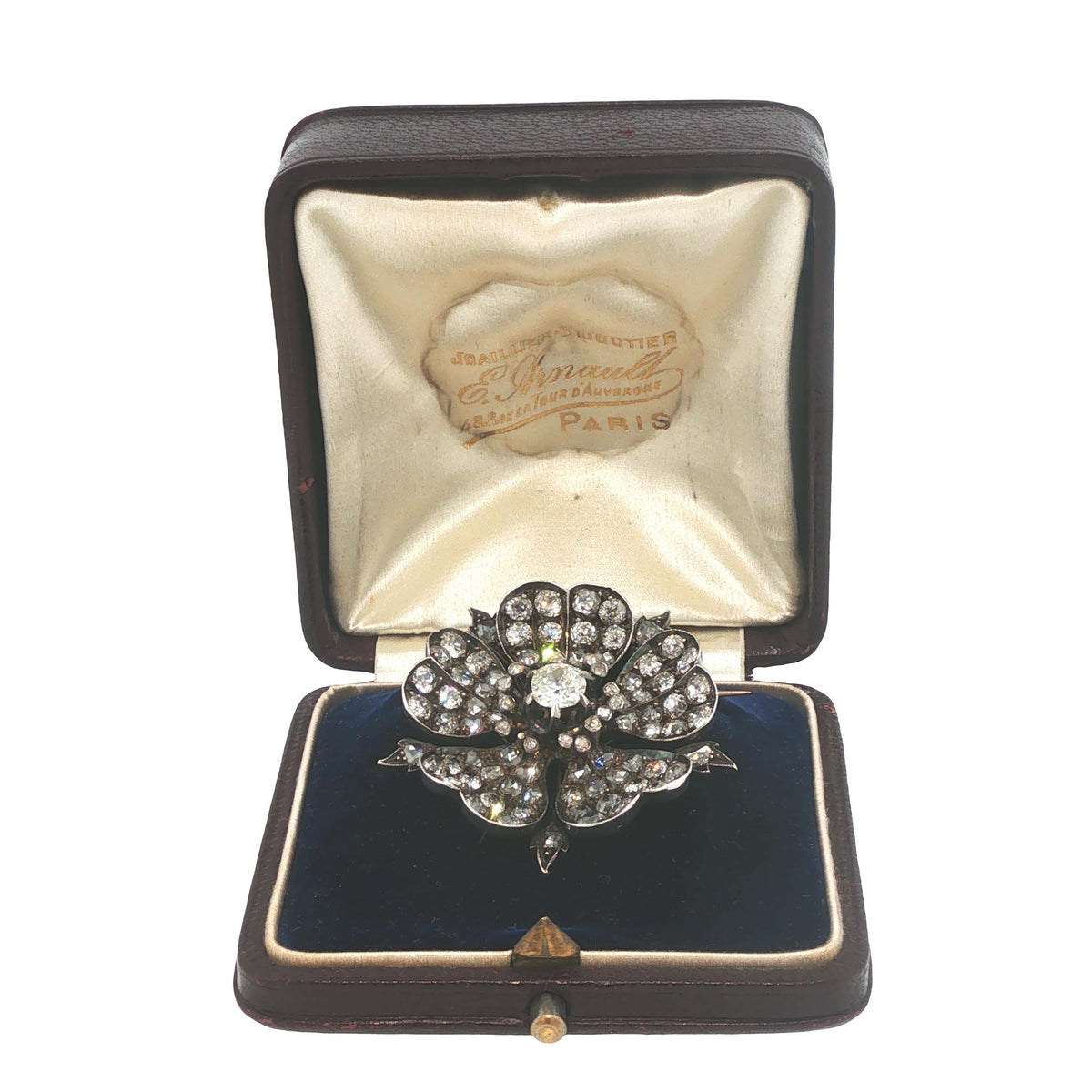 Victorian Gold & Silver 7.75 Carat Antique Diamond Floral Brooch with Fitted Box