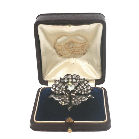 Victorian Gold & Silver 7.75 Carat Antique Diamond Floral Brooch with Fitted Box