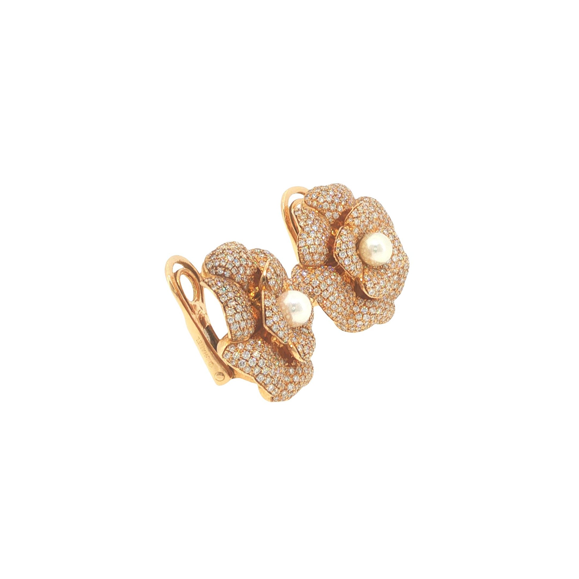 Vintage Chanel 18K Gold Diamond Pave & Pearl Camellia Earrings