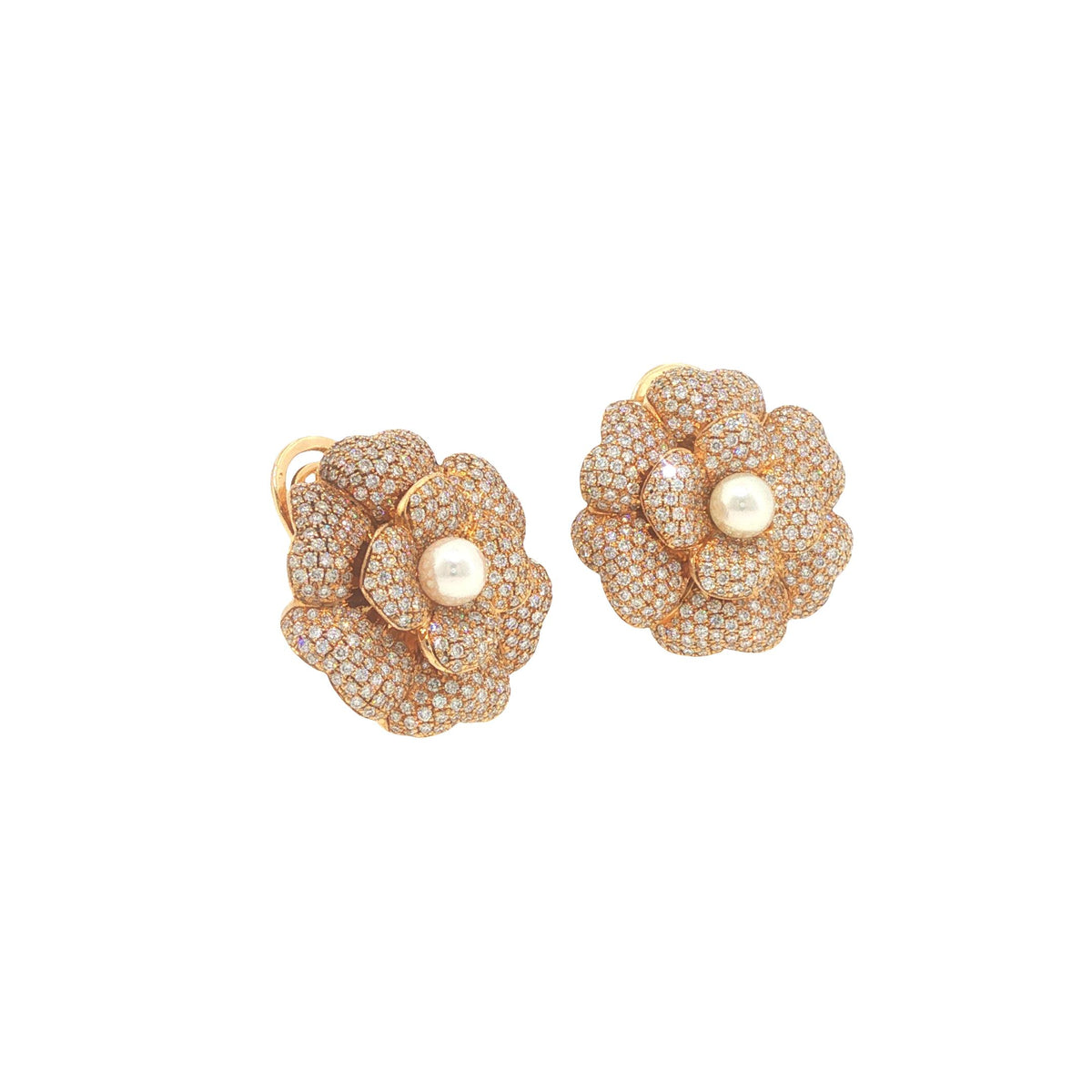Vintage Chanel 18K Gold Diamond Pave & Pearl Camellia Earrings