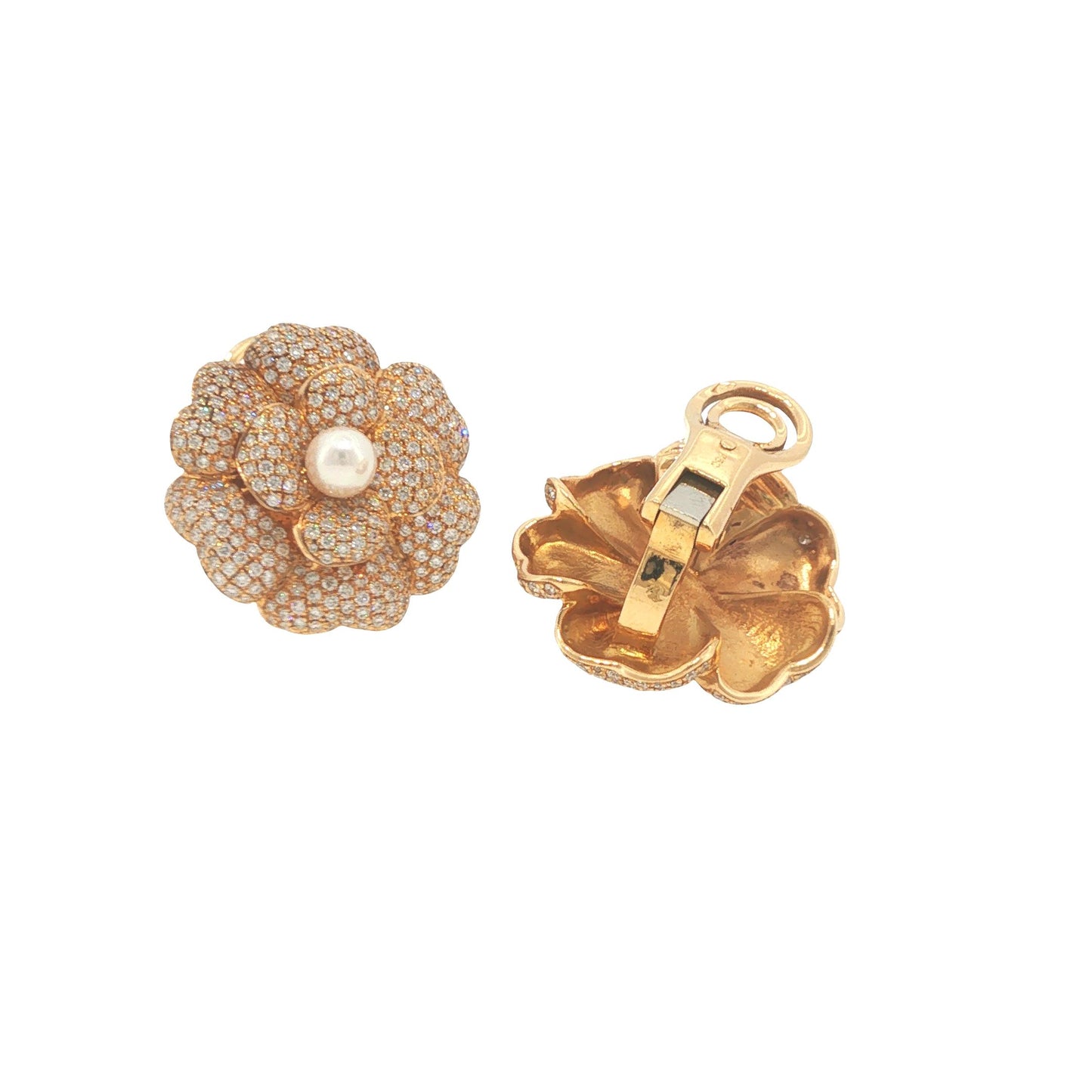 Vintage Chanel 18K Gold Diamond Pave & Pearl Camellia Earrings