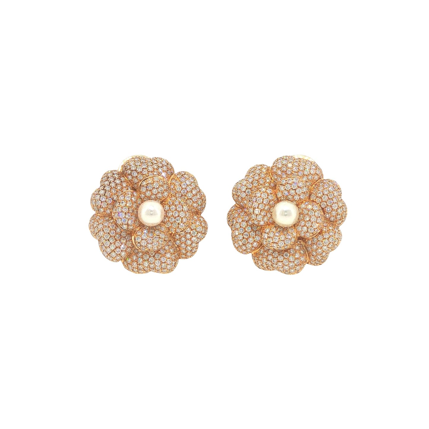 Vintage Chanel 18K Gold Diamond Pave & Pearl Camellia Earrings