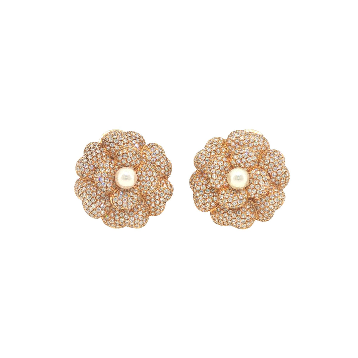 Vintage Chanel 18K Gold Diamond Pave & Pearl Camellia Earrings