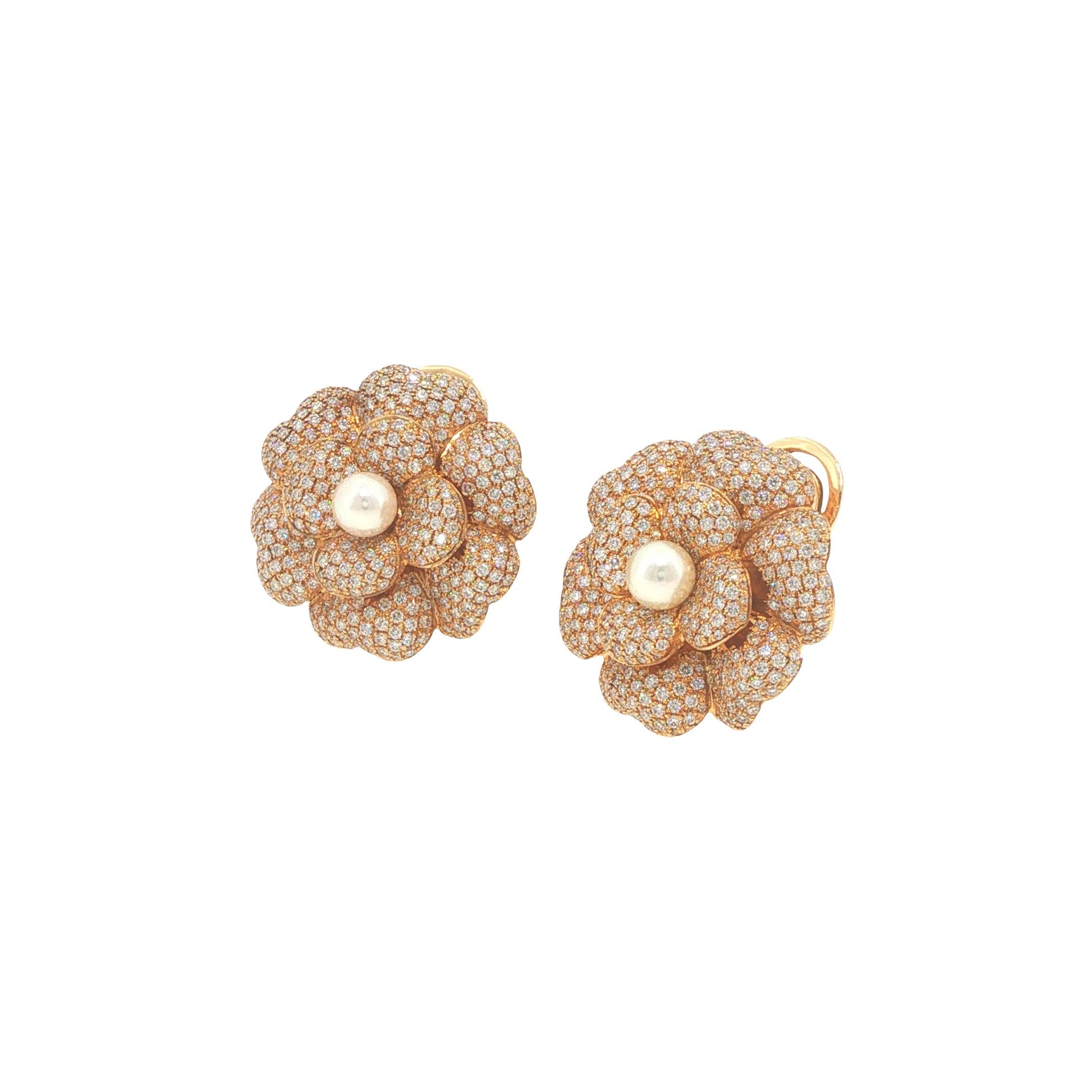 Vintage Chanel 18K Gold Diamond Pave & Pearl Camellia Earrings