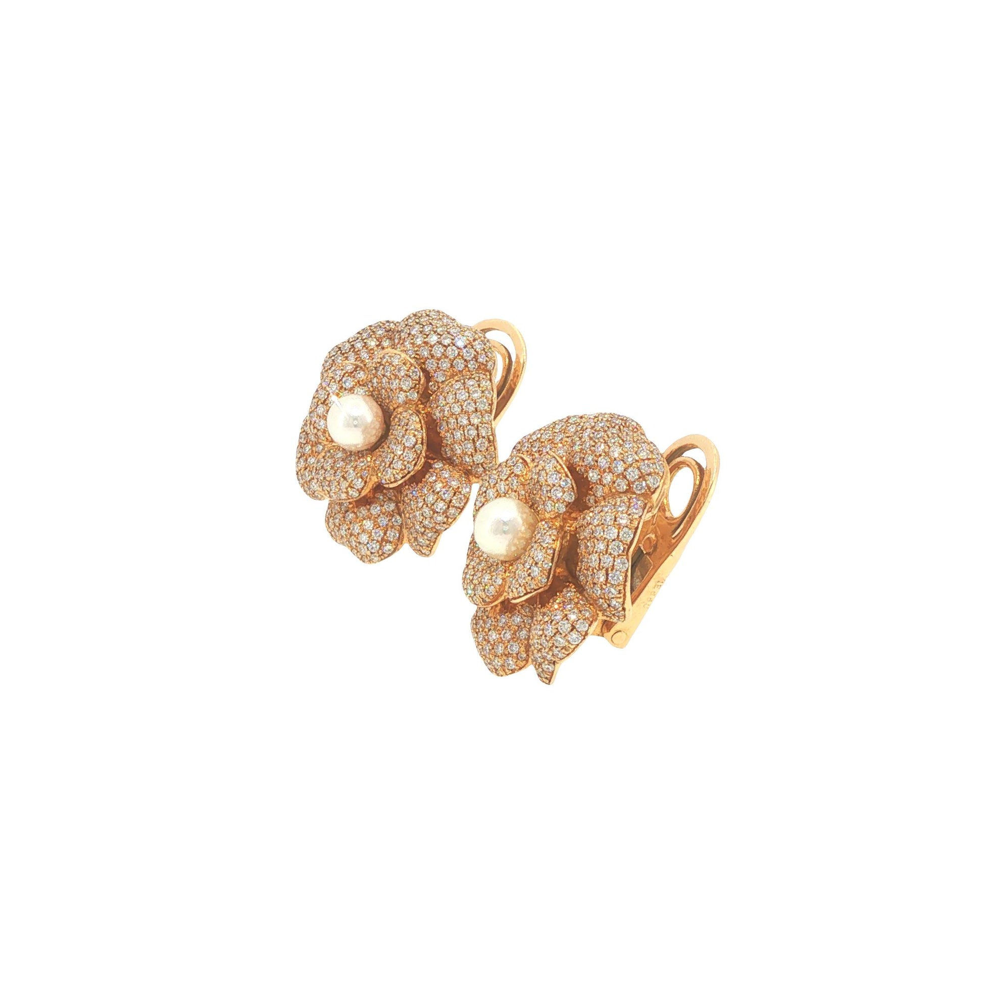 Vintage Chanel 18K Gold Diamond Pave & Pearl Camellia Earrings