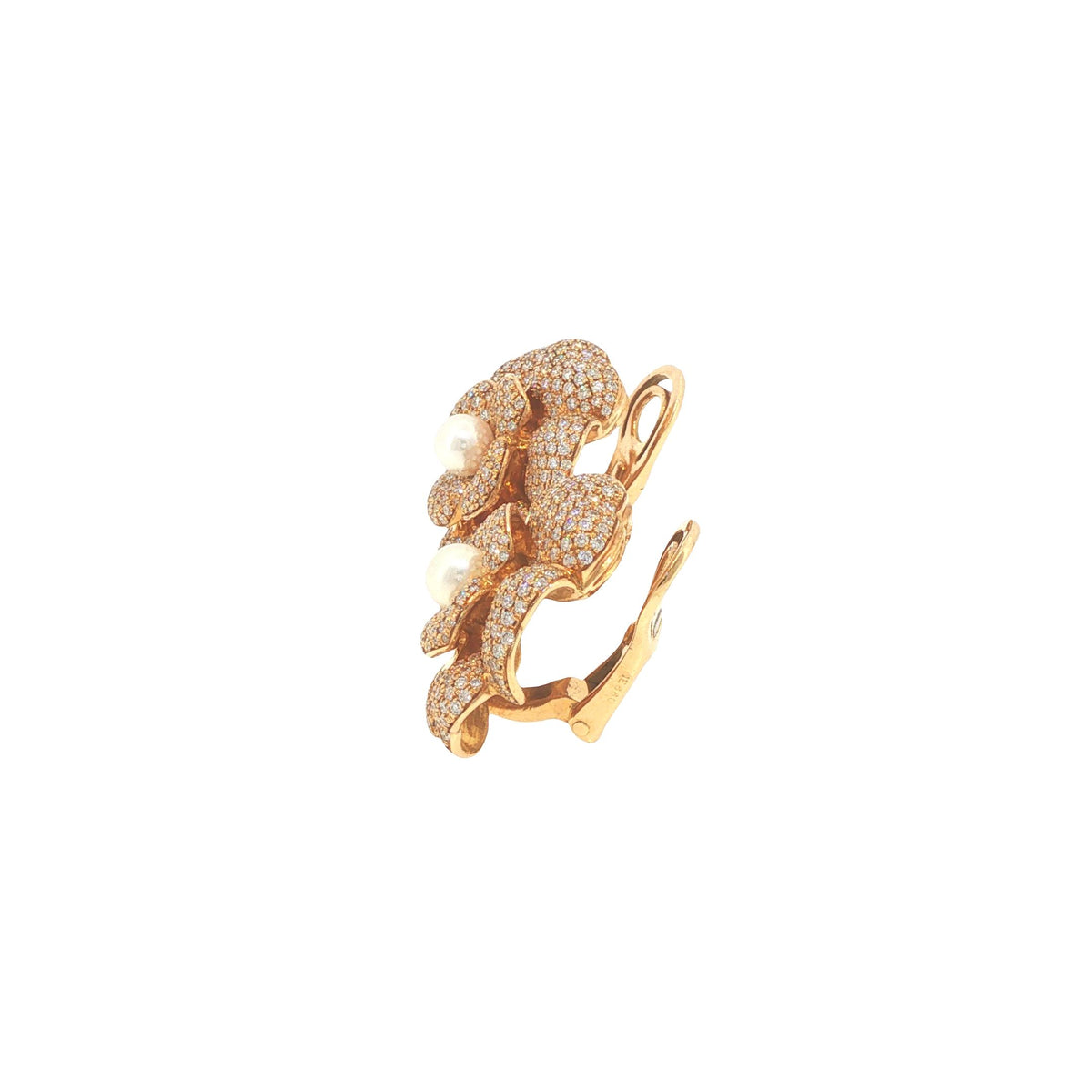 Vintage Chanel 18K Gold Diamond Pave & Pearl Camellia Earrings
