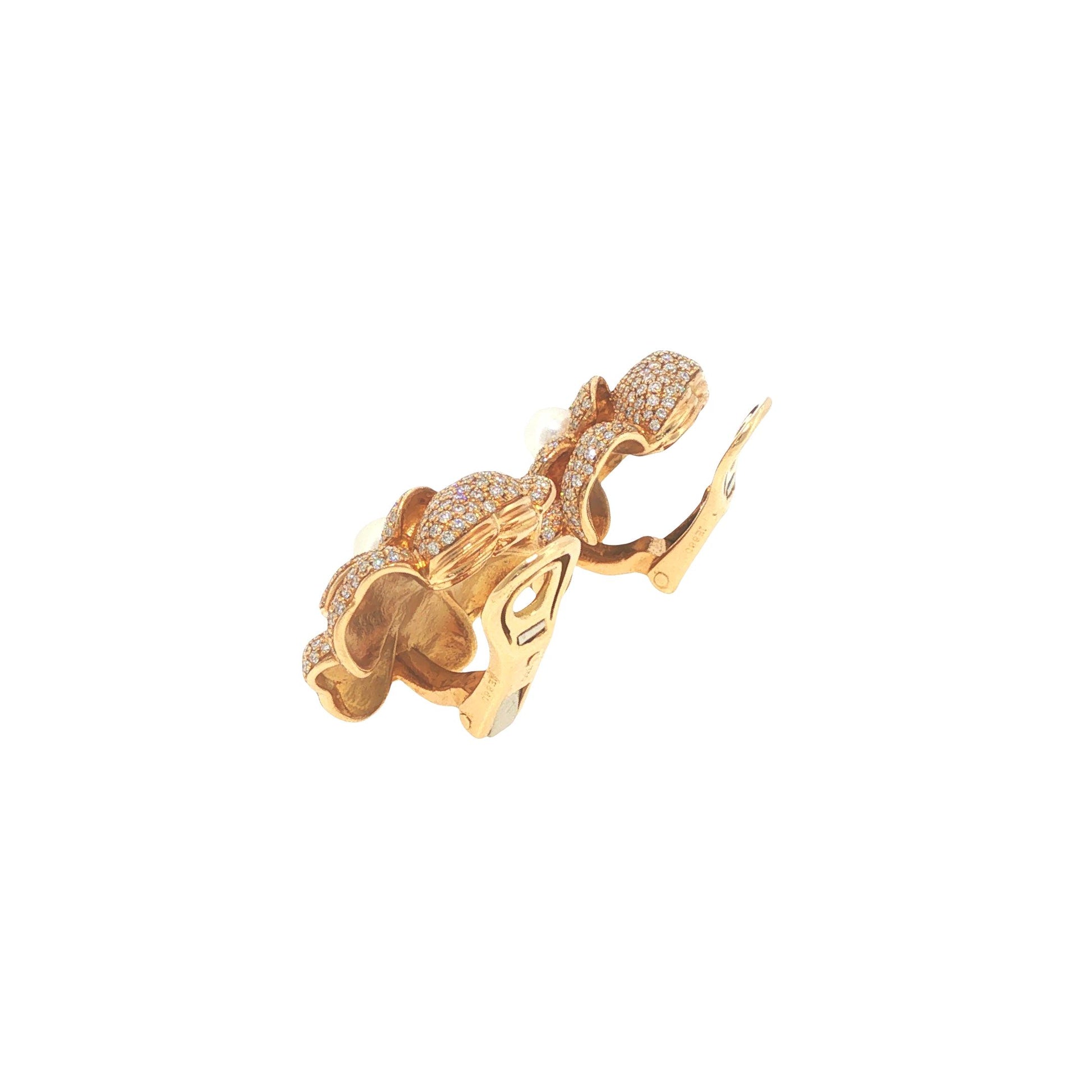 Vintage Chanel 18K Gold Diamond Pave & Pearl Camellia Earrings