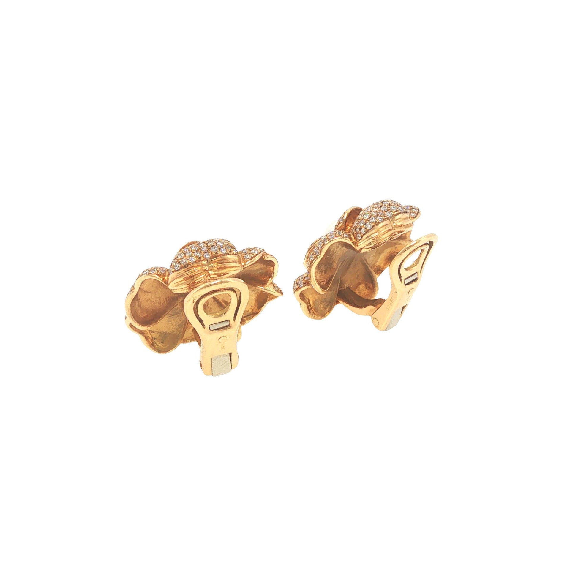 Vintage Chanel 18K Gold Diamond Pave & Pearl Camellia Earrings