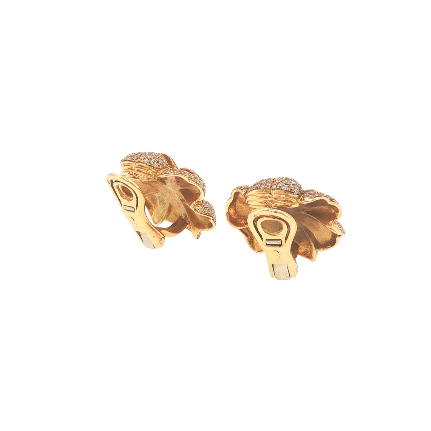 Vintage Chanel 18K Gold Diamond Pave & Pearl Camellia Earrings