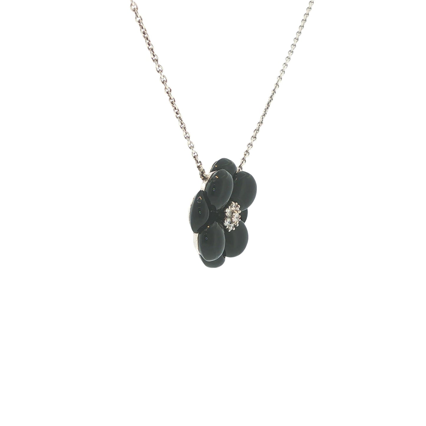 Van Cleef & Arpels 18K White Gold Onyx & Diamond Floral Pendant Necklace