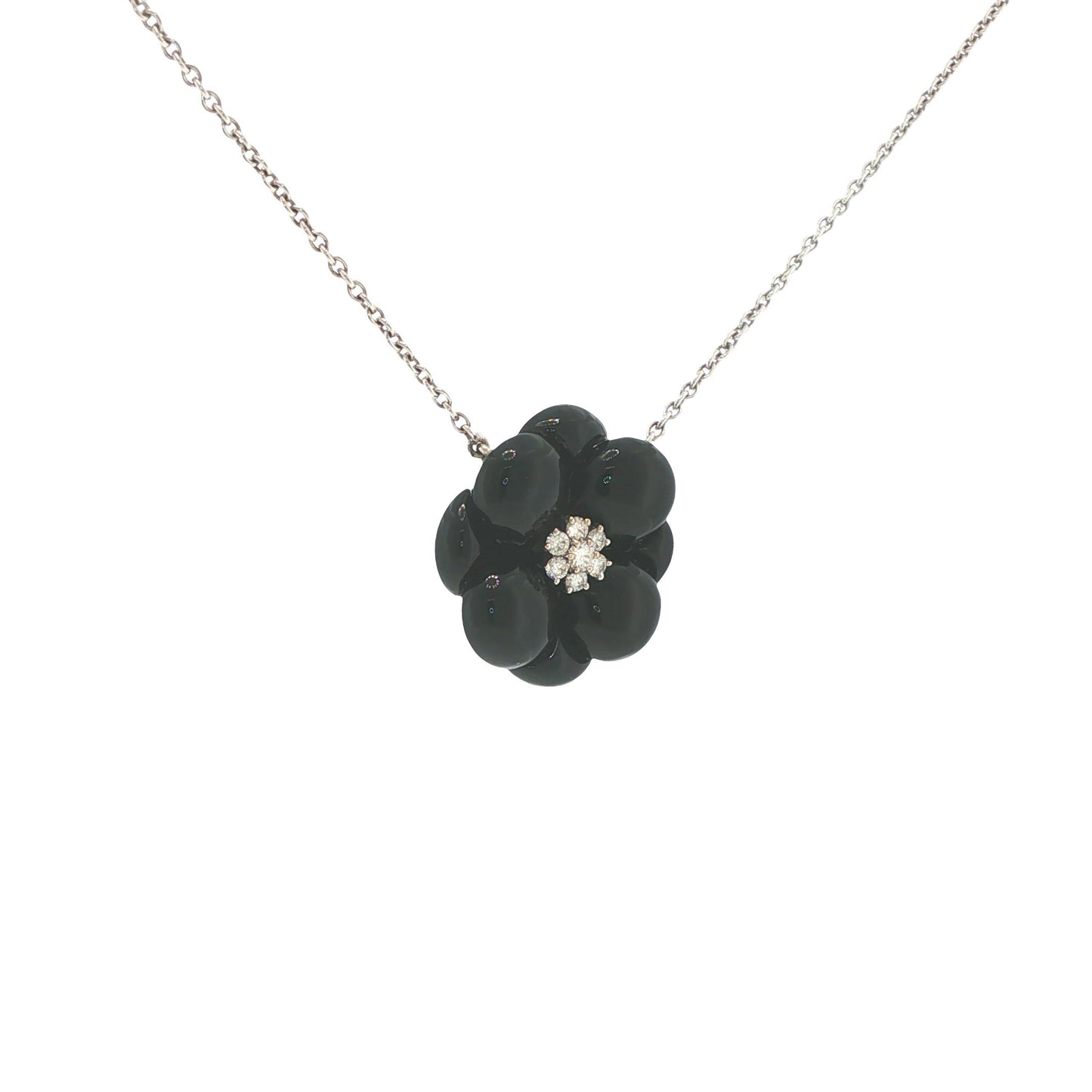 Van Cleef & Arpels 18K White Gold Onyx & Diamond Floral Pendant Necklace