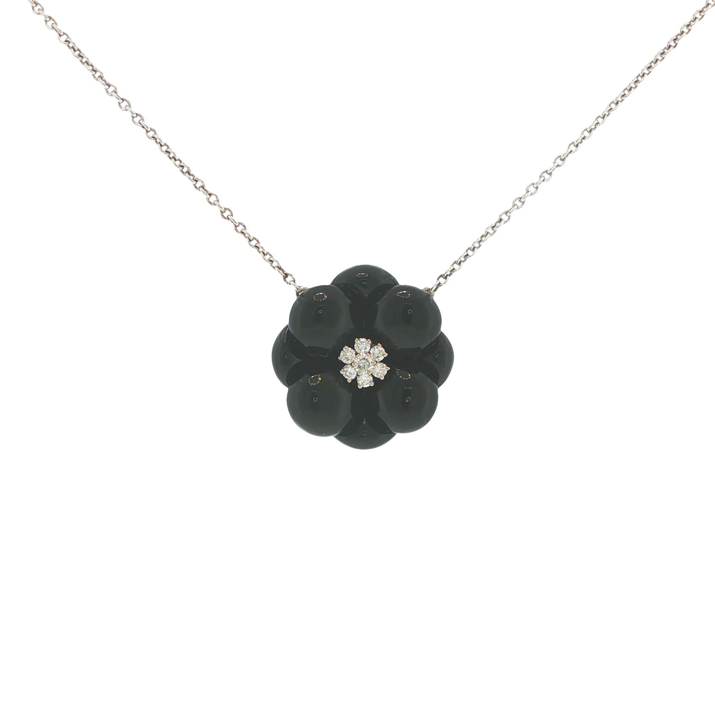 Van Cleef & Arpels 18K White Gold Onyx & Diamond Floral Pendant Necklace