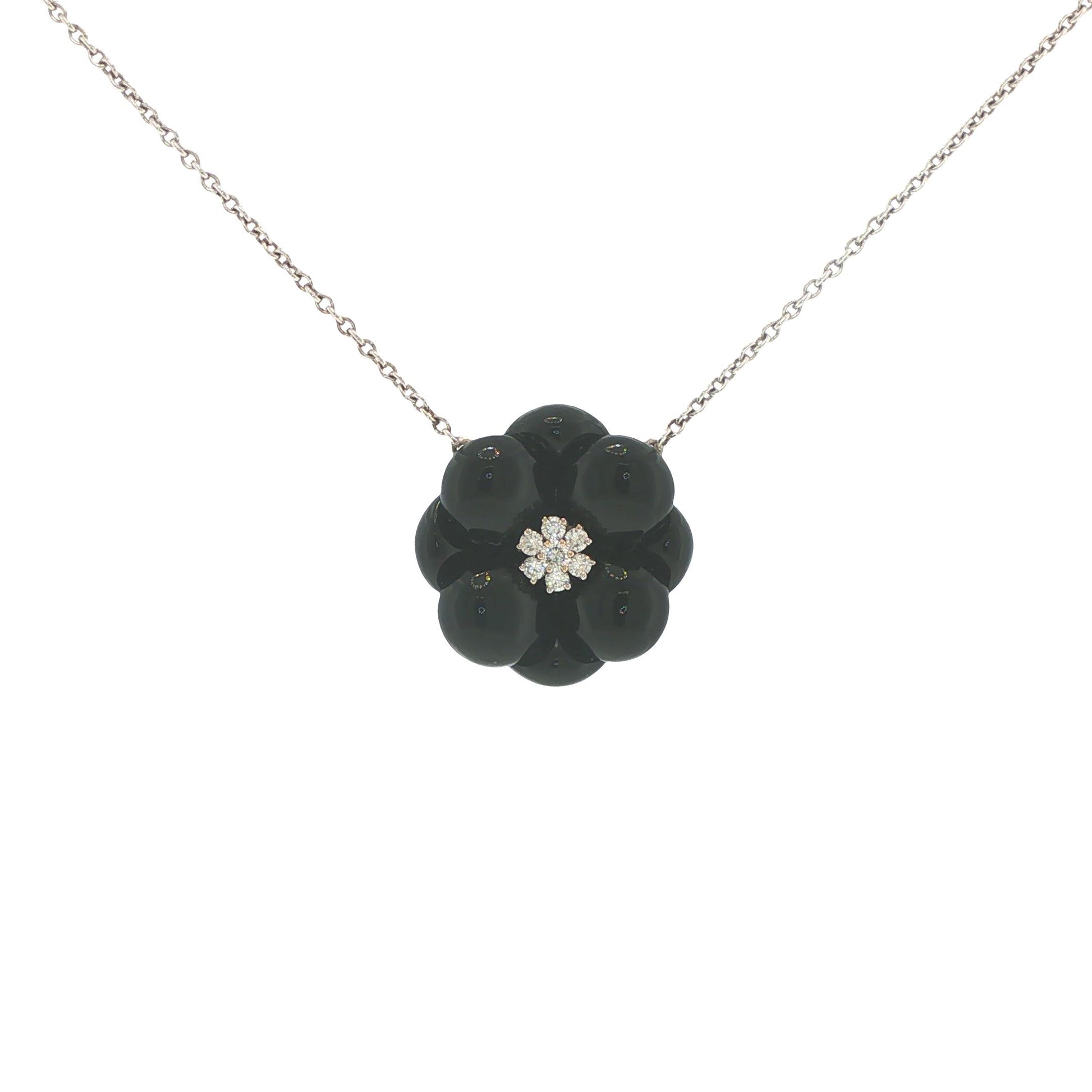 Van Cleef & Arpels 18K White Gold Onyx & Diamond Floral Pendant Necklace