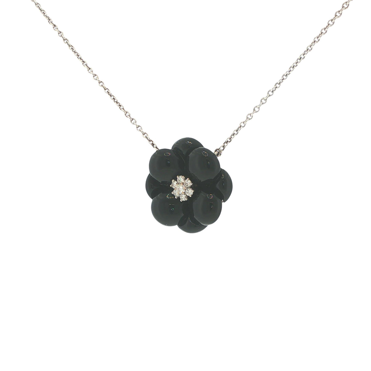 Van Cleef & Arpels 18K White Gold Onyx & Diamond Floral Pendant Necklace